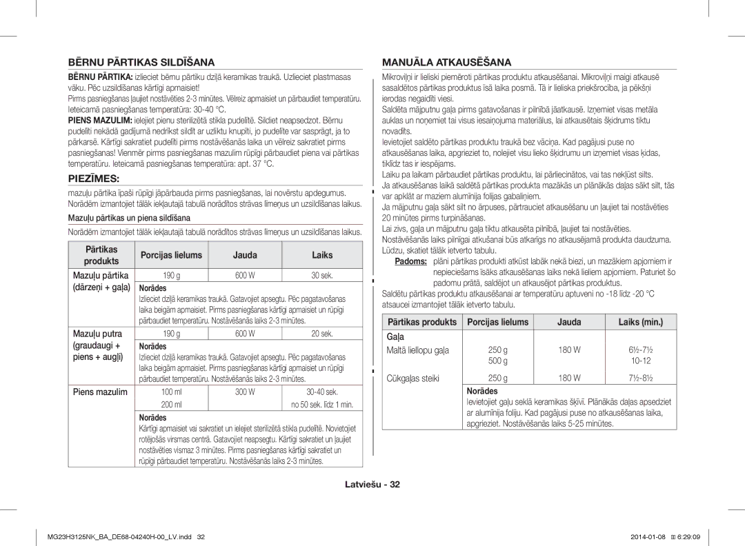 Samsung MG23H3125NK/BA manual Bērnu Pārtikas Sildīšana Manuāla Atkausēšana, Piezīmes, Jauda Laiks min 