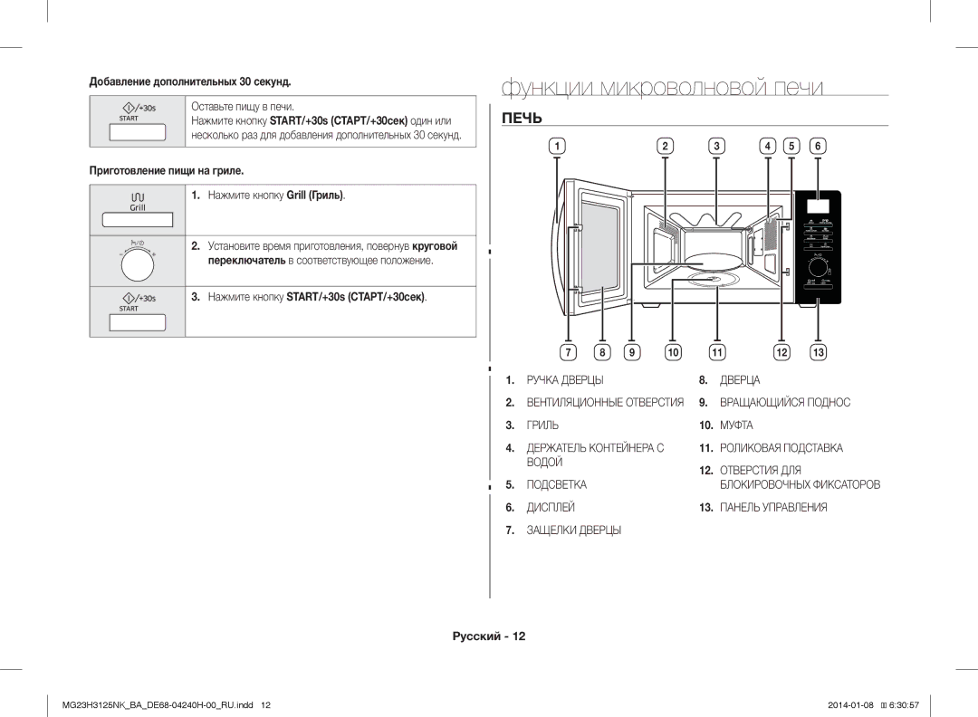 Samsung MG23H3125NK/BA manual Функции микроволновой печи, Печь, Добавление дополнительных 30 секунд 