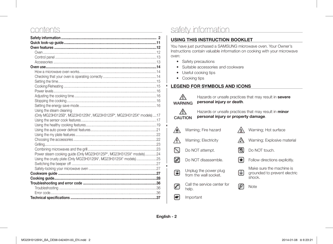 Samsung MG23H3125NK/BA manual Contents, Safety information 