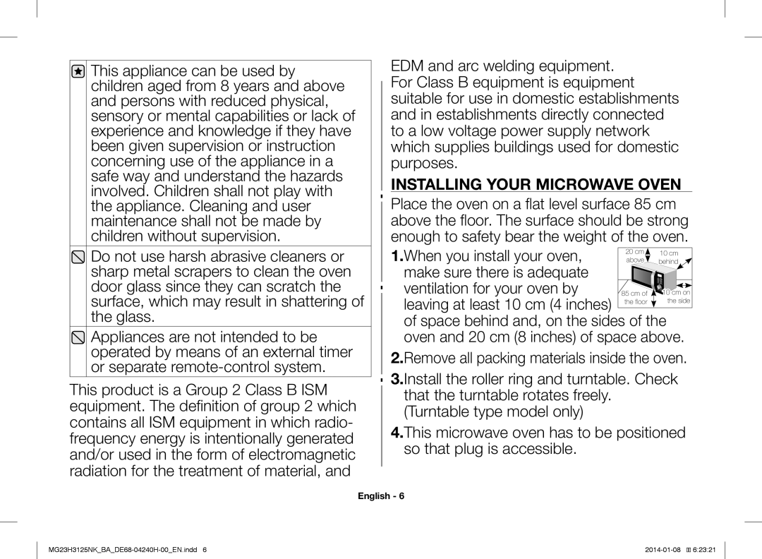 Samsung MG23H3125NK/BA manual Installing Your Microwave Oven 