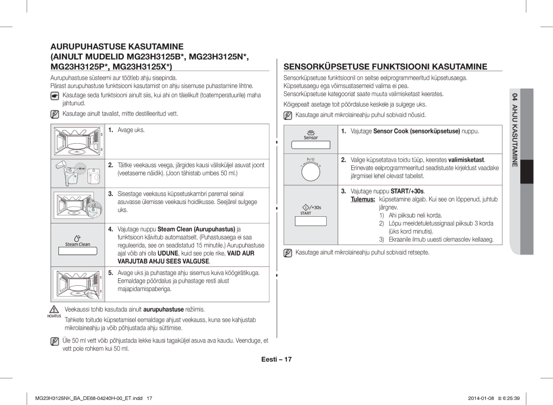 Samsung MG23H3125NK/BA manual Aurupuhastuse Kasutamine, Sensorküpsetuse Funktsiooni Kasutamine 