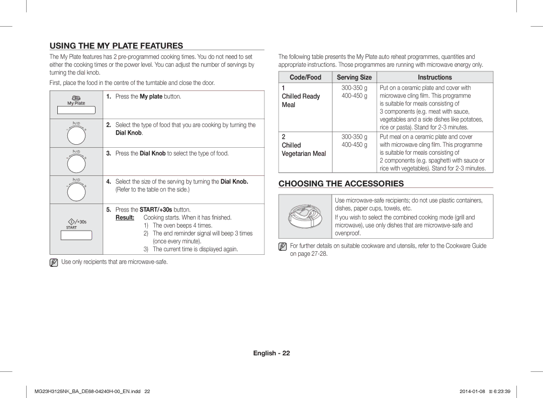 Samsung MG23H3125NK/BA manual Using the MY Plate Features, Choosing the Accessories, Code/Food Serving Size Instructions 