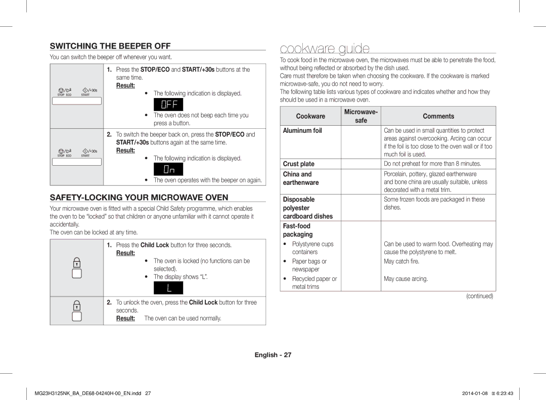 Samsung MG23H3125NK/BA manual Cookware guide, Switching the Beeper OFF, SAFETY-LOCKING Your Microwave Oven 