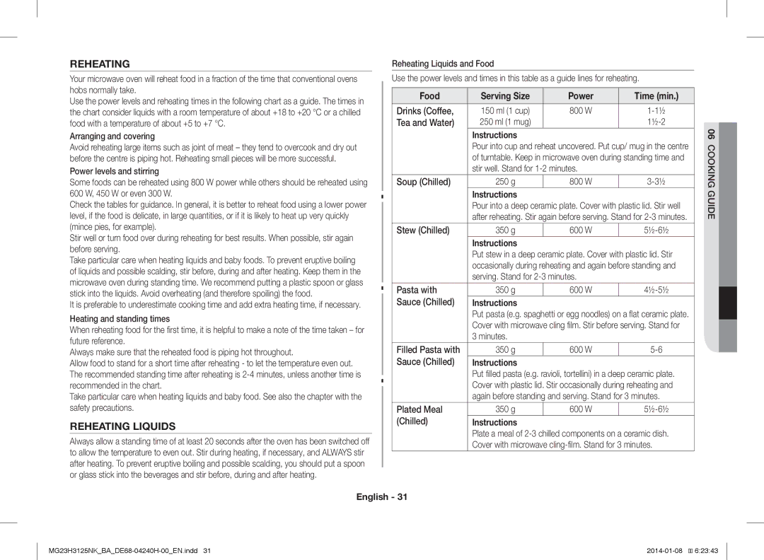 Samsung MG23H3125NK/BA manual Reheating Liquids 