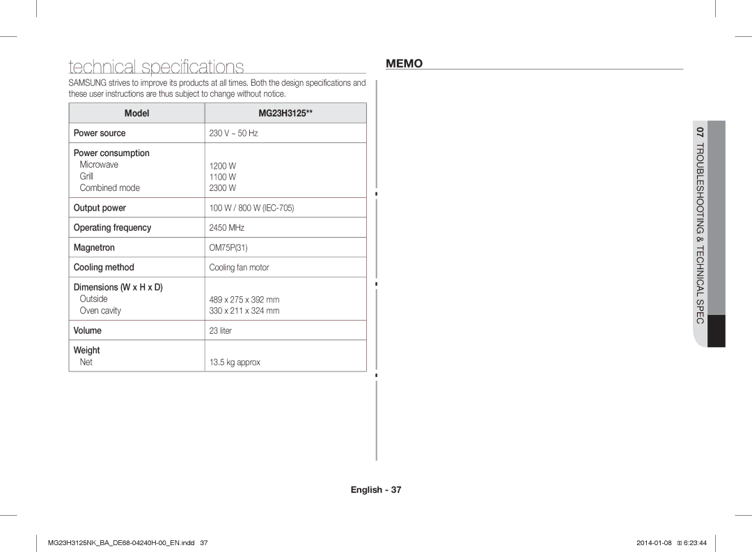 Samsung MG23H3125NK/BA manual Technical specifications, Memo, Model MG23H3125, Troubleshooting & Technical Spec 