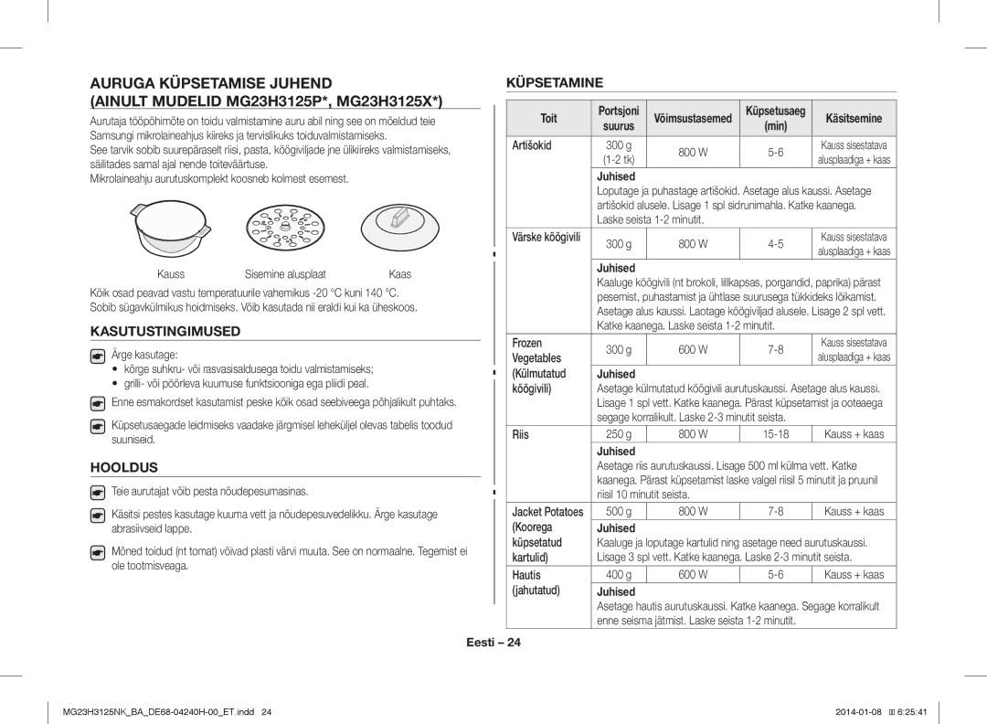 Samsung MG23H3125NK/BA manual Kasutustingimused, Hooldus, Küpsetamine, Toit 