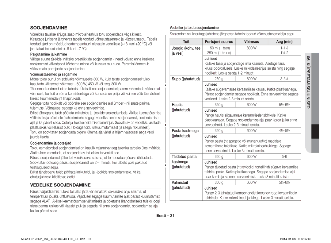 Samsung MG23H3125NK/BA manual Vedelike Soojendamine 