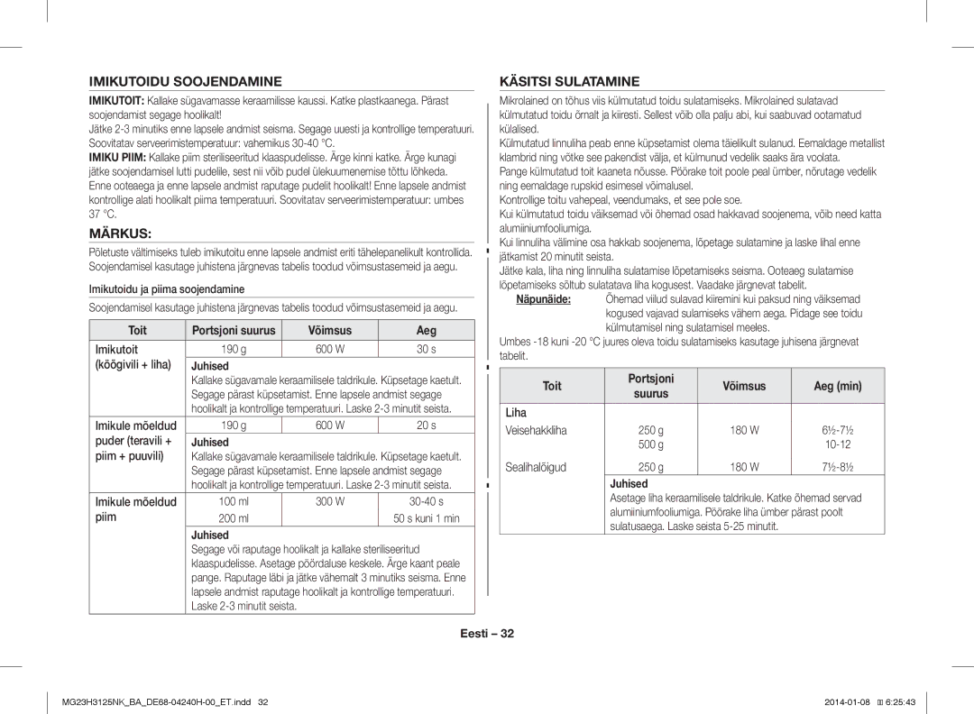 Samsung MG23H3125NK/BA manual Imikutoidu Soojendamine, Märkus, Käsitsi Sulatamine, Toit Portsjoni Võimsus Aeg min 