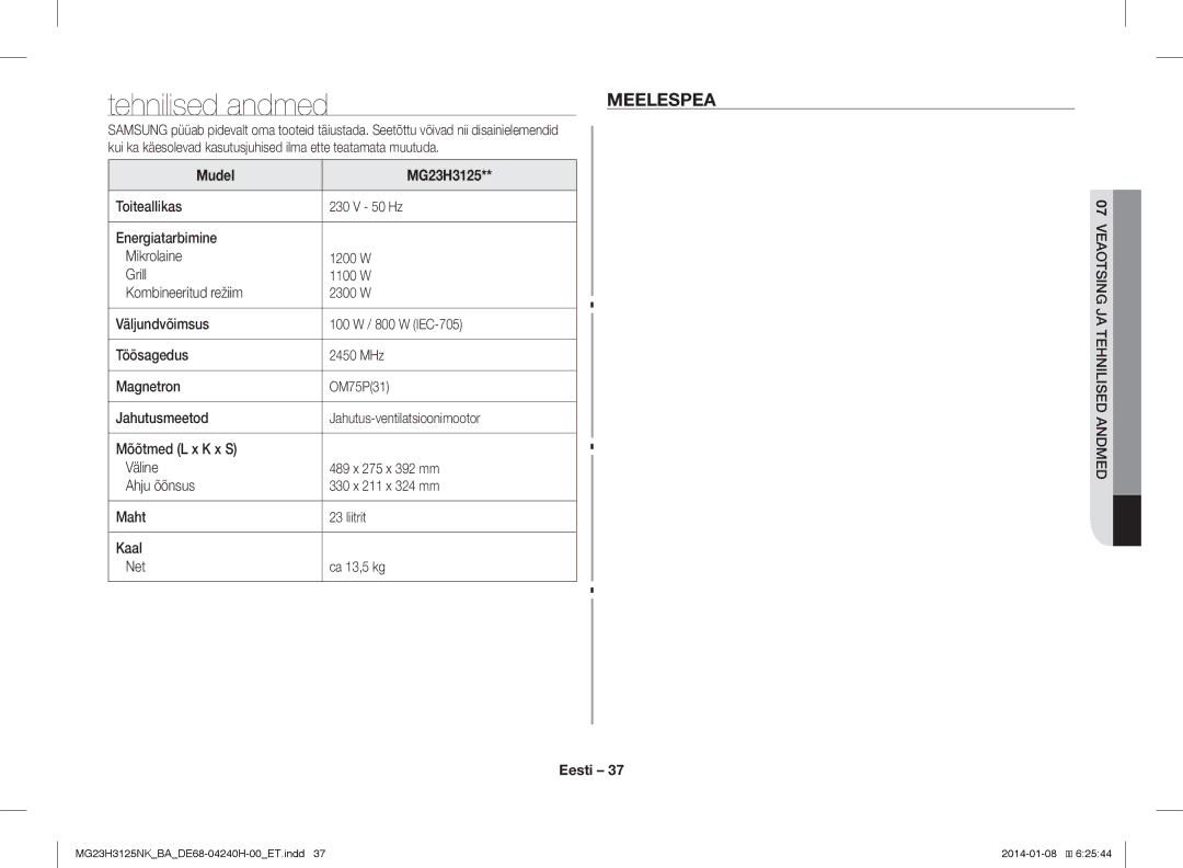 Samsung MG23H3125NK/BA manual Meelespea, Mudel MG23H3125, Veaotsing JA Tehnilised Andmed 