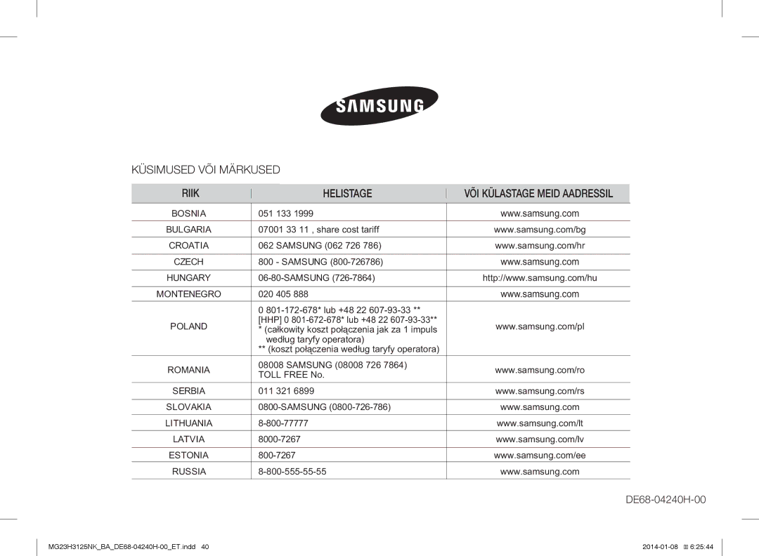 Samsung MG23H3125NK/BA VÕI Külastage Meid Aadressil, Bosnia, Bulgaria, Croatia, Czech, Montenegro, Poland, Romania, Serbia 