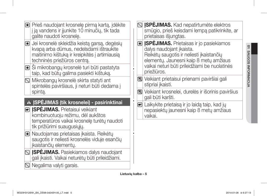 Samsung MG23H3125NK/BA manual Įspėjimas tik krosnelei pasirinktinai 