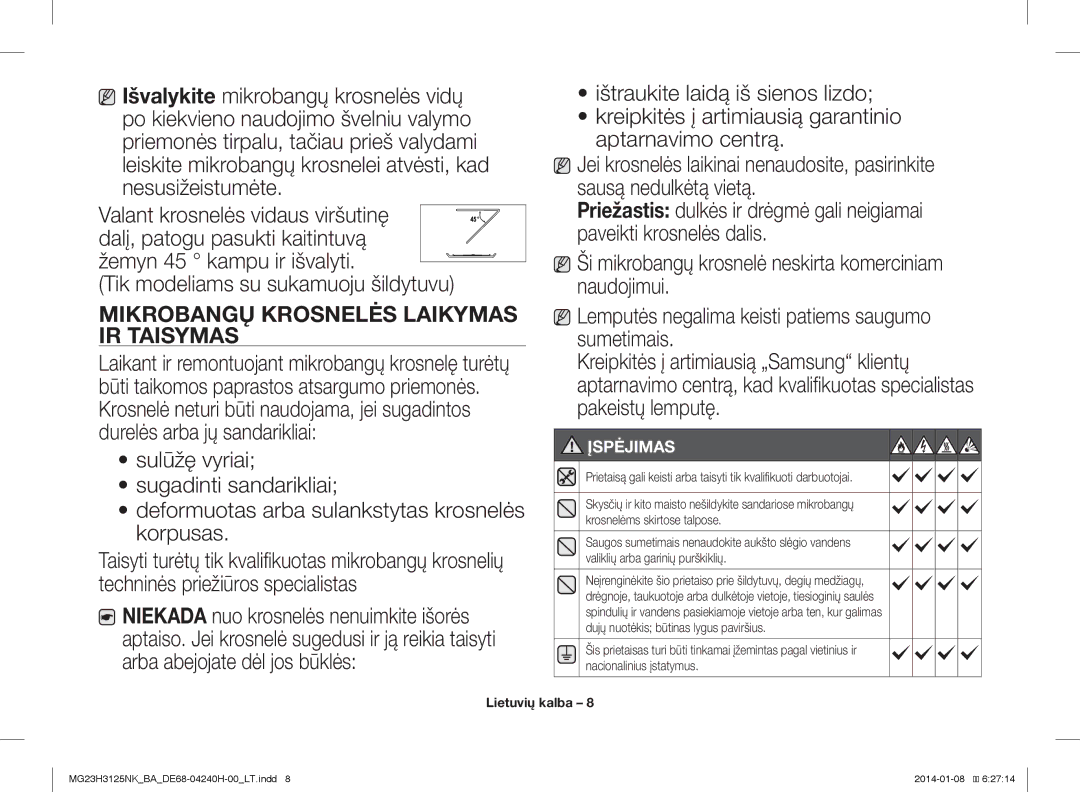 Samsung MG23H3125NK/BA manual Mikrobangų Krosnelės Laikymas IR Taisymas, Įspėjimas 