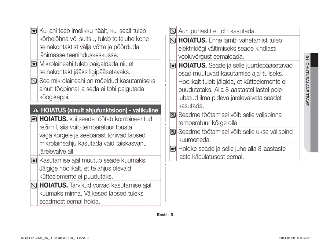 Samsung MG23H3125NK/BA manual Hoiatus ainult ahjufunktsioon valikuline 