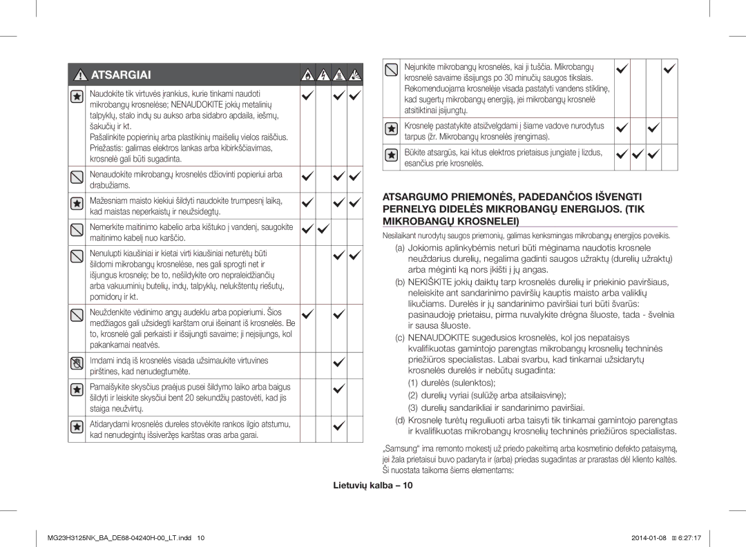 Samsung MG23H3125NK/BA manual Atsargiai 