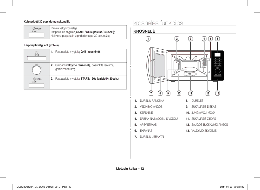 Samsung MG23H3125NK/BA manual Krosnelės funkcijos, Kaip pridėti 30 papildomų sekundžių, Kaip kepti valgį ant grotelių 