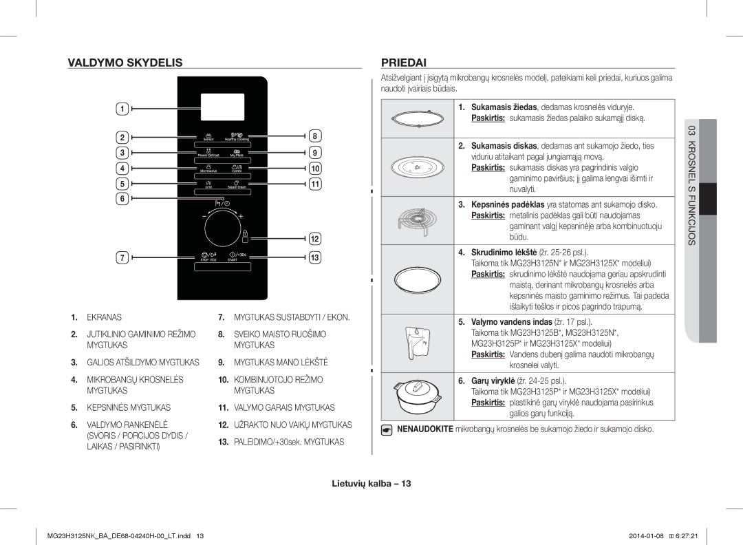 Samsung MG23H3125NK/BA manual Valdymo Skydelis, Priedai, Skrudinimo lėkštė žr -26 psl, Valymo vandens indas žr psl 