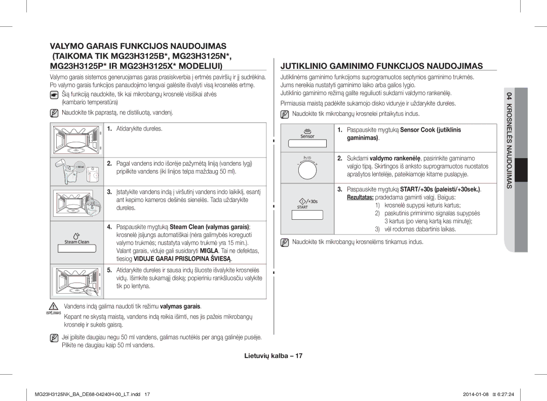 Samsung MG23H3125NK/BA manual Jutiklinio Gaminimo Funkcijos Naudojimas 