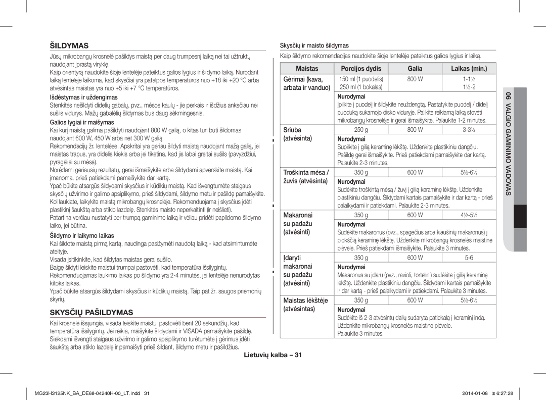 Samsung MG23H3125NK/BA manual Šildymas, Skysčių Pašildymas, Valgio Gaminimo Vadovas 