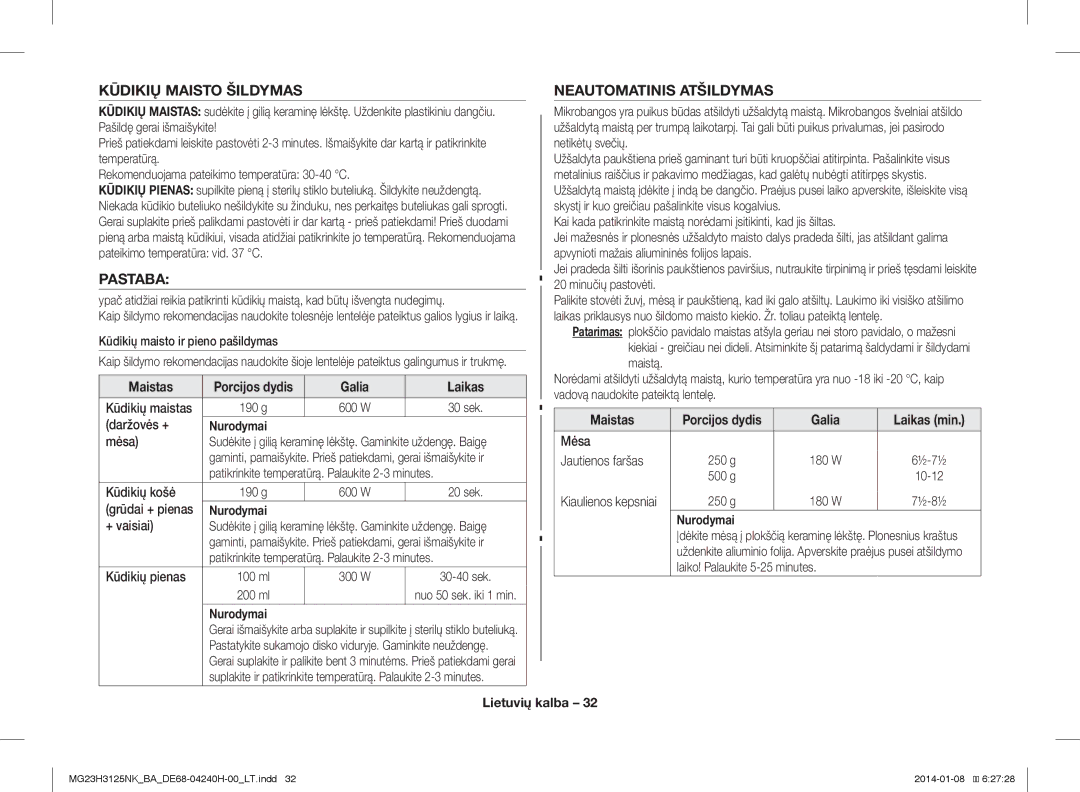 Samsung MG23H3125NK/BA manual Kūdikių Maisto Šildymas Neautomatinis Atšildymas, Pastaba 