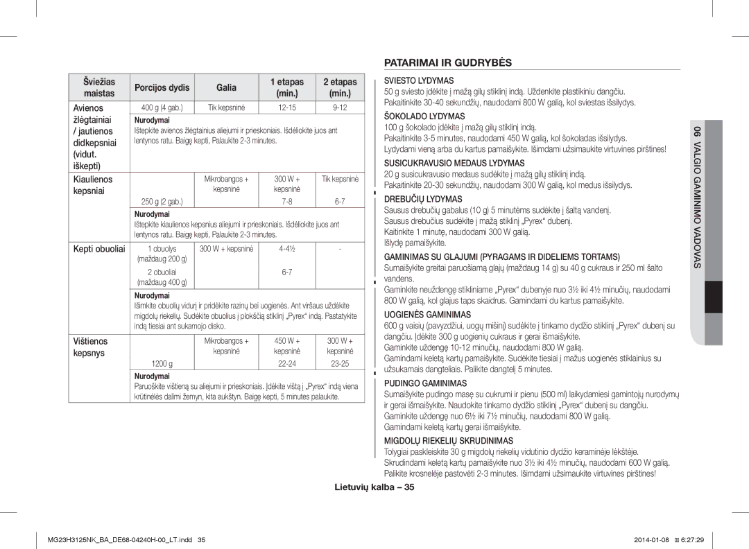 Samsung MG23H3125NK/BA manual Patarimai IR Gudrybės 