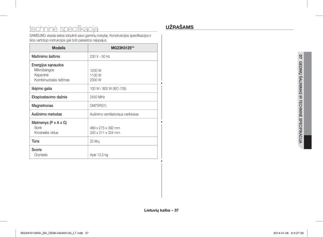 Samsung MG23H3125NK/BA manual Techninė specifikacija, Užrašams, Šios vartotojo instrukcijos gali būti pakeistos neįspėjus 