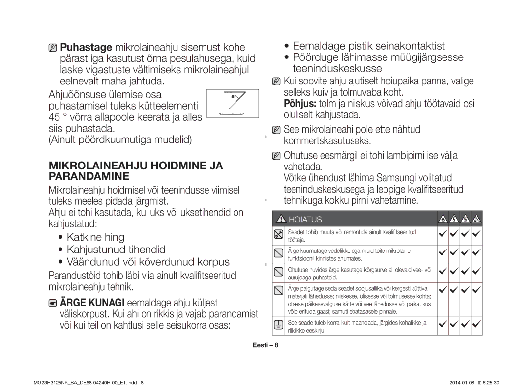 Samsung MG23H3125NK/BA manual Mikrolaineahju Hoidmine JA, Parandamine 