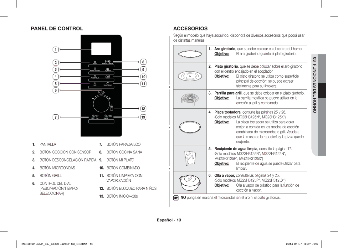 Samsung MG23H3125NK/EC manual Panel DE Control, Accesorios, Recipiente de agua limpia, consulte la página 