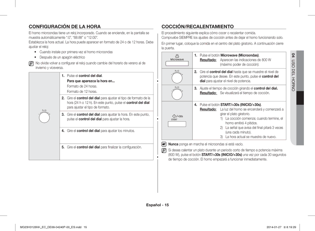 Samsung MG23H3125NK/EC manual Configuración DE LA Hora, Cocción/Recalentamiento, Máximo poder de cocción 