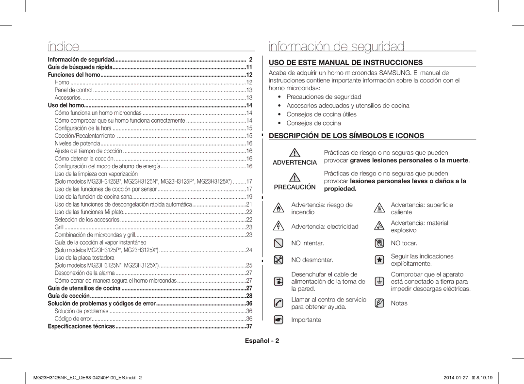 Samsung MG23H3125NK/EC manual Índice, Información de seguridad, USO DE Este Manual DE Instrucciones, Español 