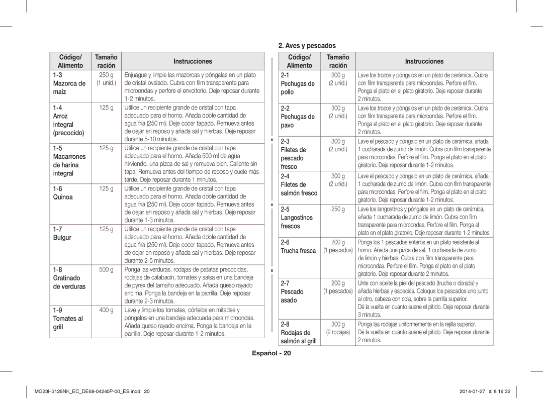 Samsung MG23H3125NK/EC manual Código Tamaño Instrucciones Alimento 