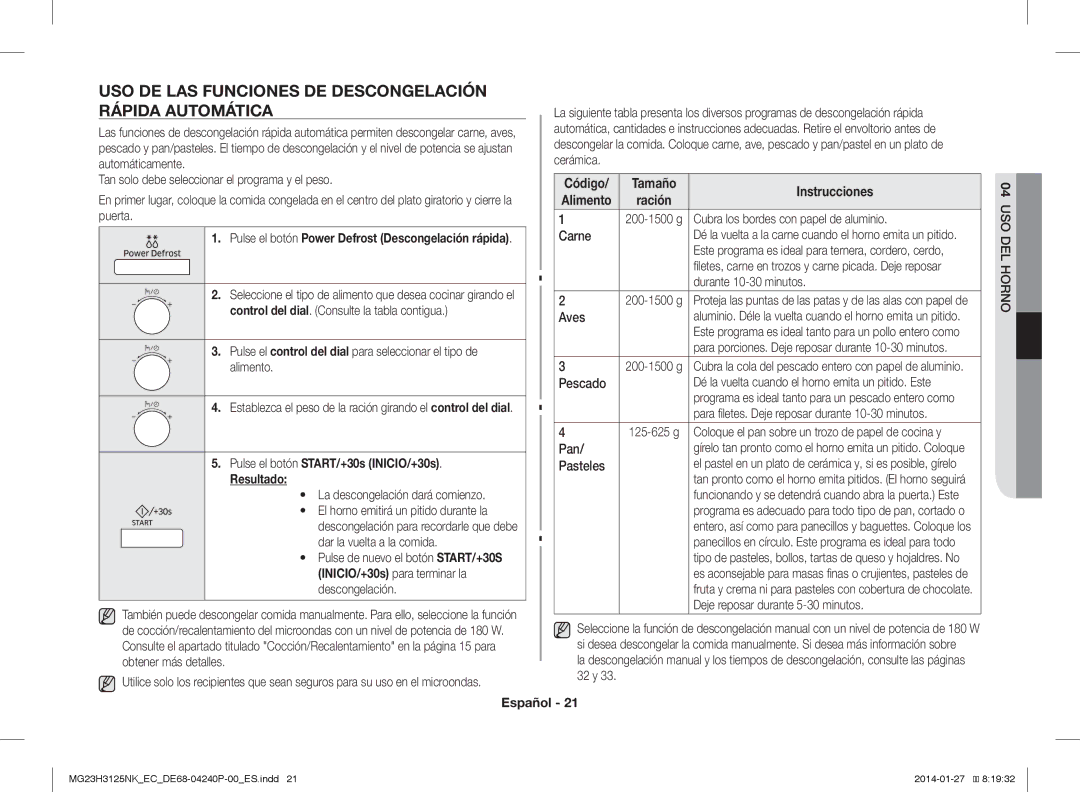 Samsung MG23H3125NK/EC manual USO DE LAS Funciones DE Descongelación Rápida Automática, Resultado 