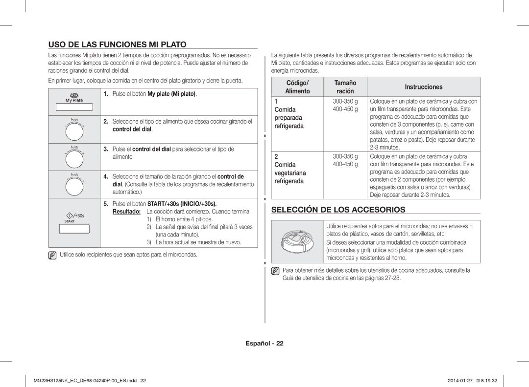 Samsung MG23H3125NK/EC manual USO DE LAS Funciones MI Plato, Selección DE LOS Accesorios, Pulse el botón My plate Mi plato 
