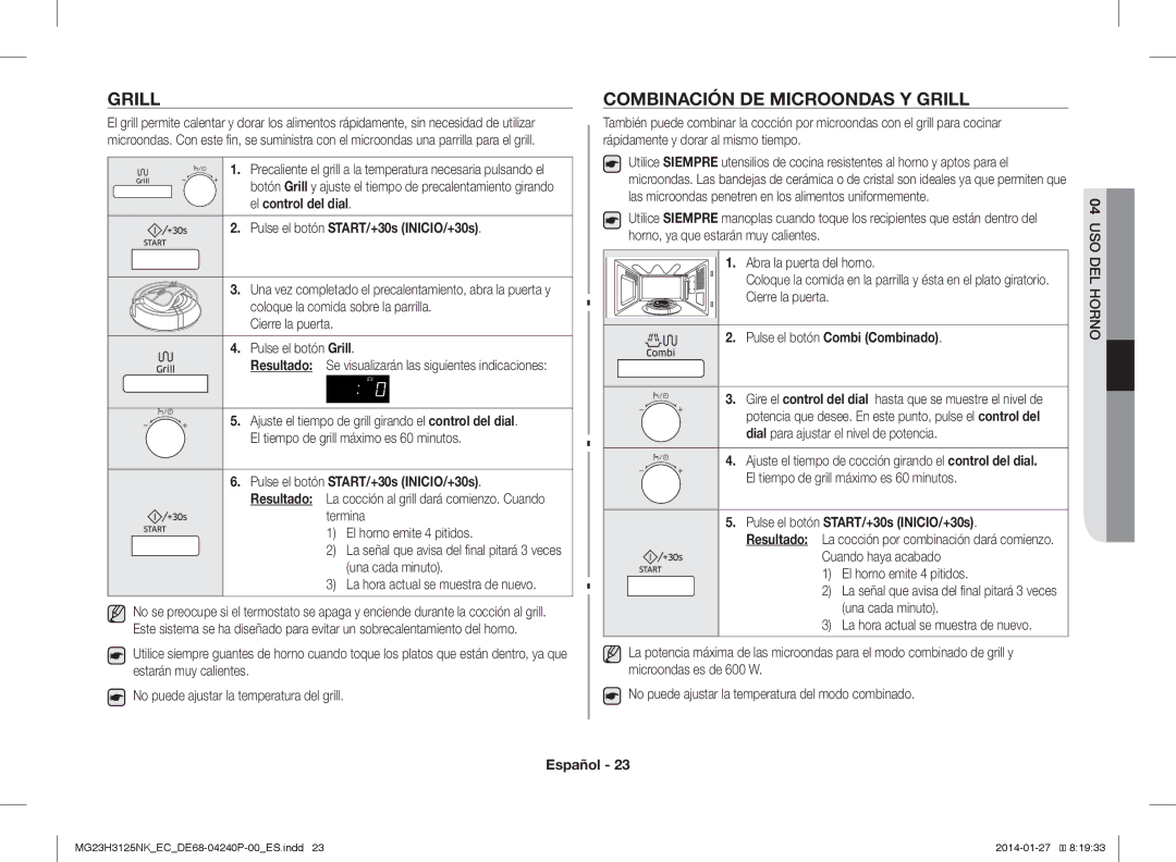 Samsung MG23H3125NK/EC manual Combinación DE Microondas Y Grill, Pulse el botón Combi Combinado 