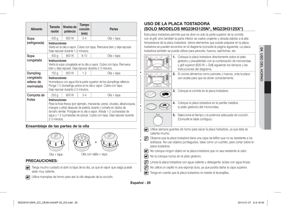 Samsung MG23H3125NK/EC manual USO DE LA Placa Tostadora, Precauciones 