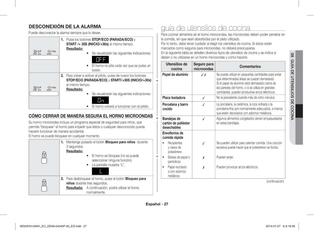 Samsung MG23H3125NK/EC manual Guía de utensilios de cocina, Desconexión DE LA Alarma 