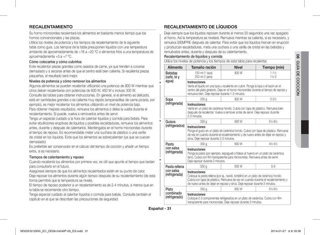 Samsung MG23H3125NK/EC manual Recalentamiento DE Líquidos, Alimento Tamaño ración Nivel Tiempo min 