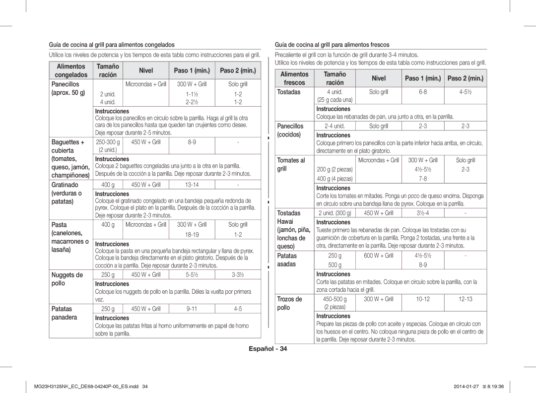 Samsung MG23H3125NK/EC manual Alimentos, Tamaño Nivel, Frescos 