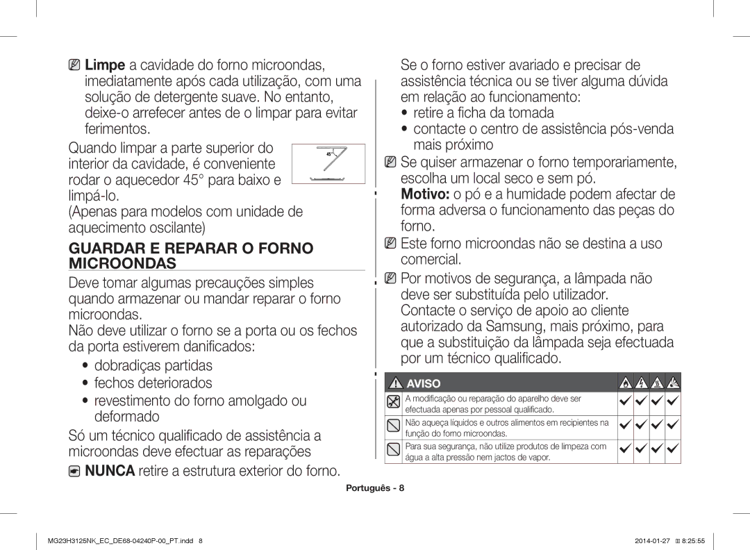 Samsung MG23H3125NK/EC manual Guardar E Reparar O Forno Microondas 