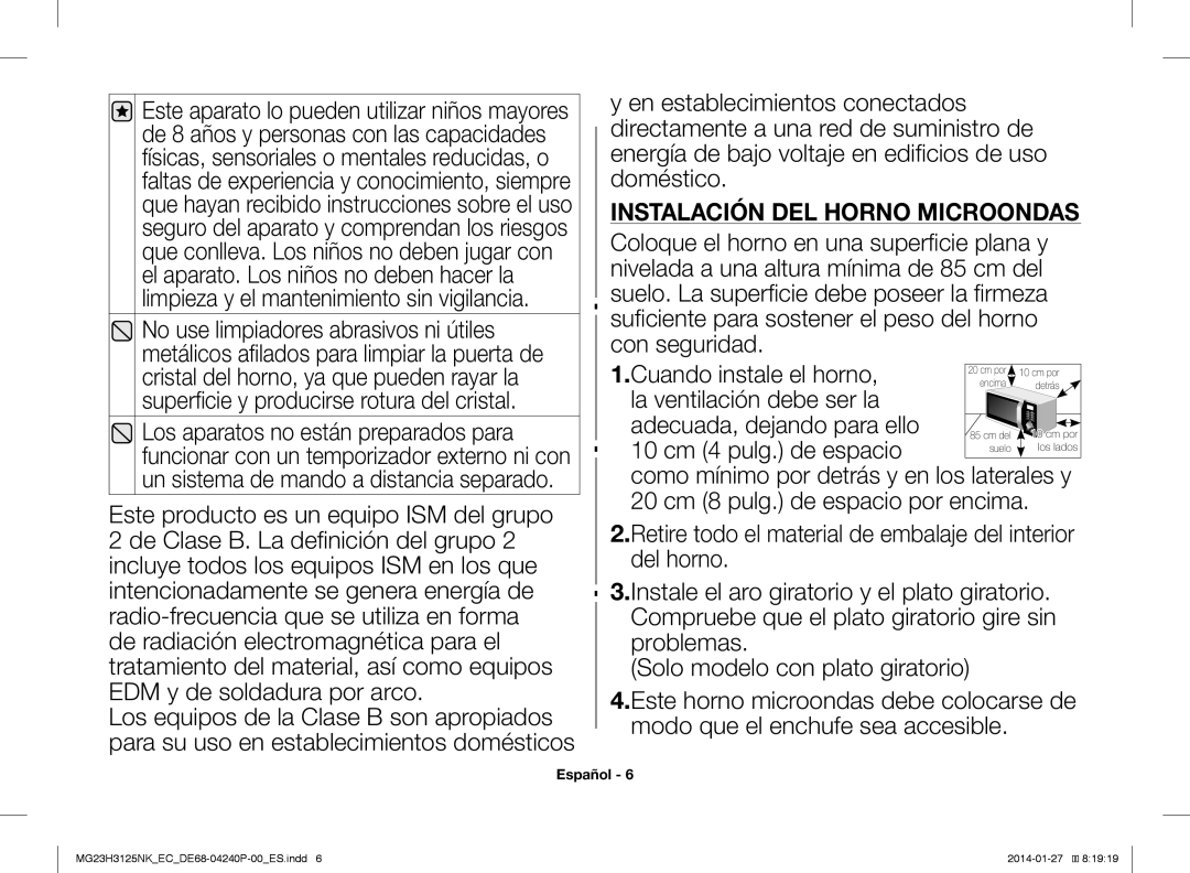 Samsung MG23H3125NK/EC manual Instalación DEL Horno Microondas 