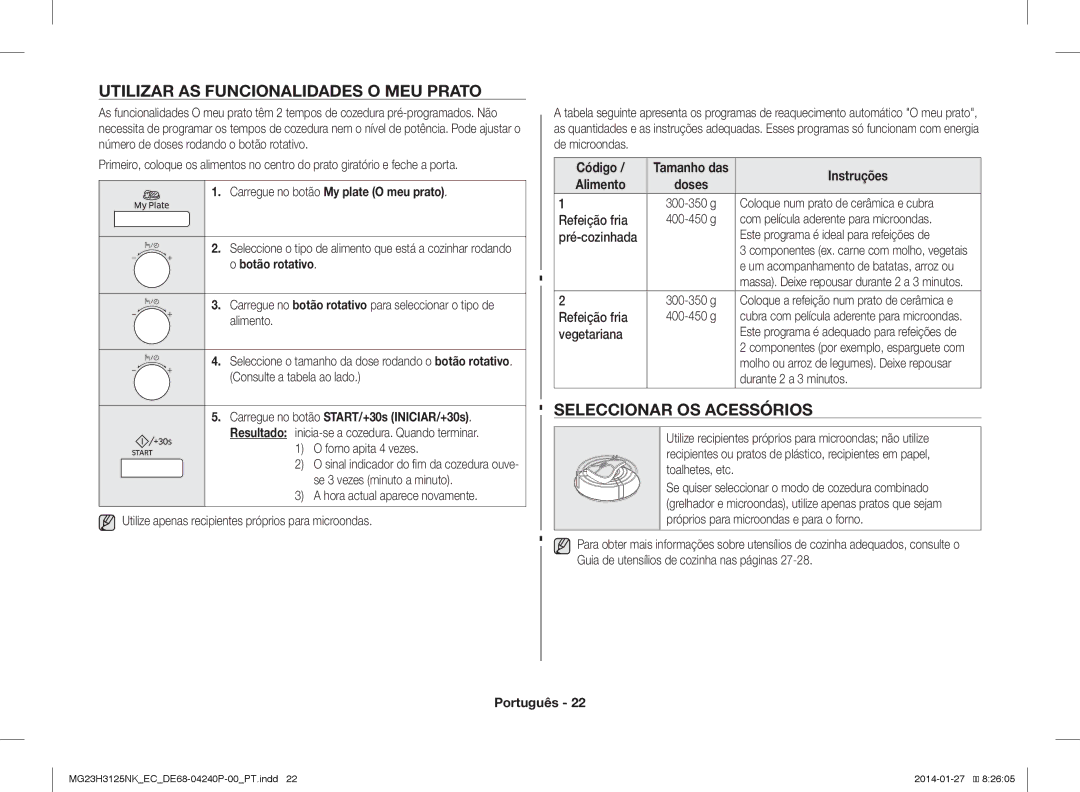 Samsung MG23H3125NK/EC manual Utilizar AS Funcionalidades O MEU Prato, Seleccionar OS Acessórios, Pré-cozinhada 