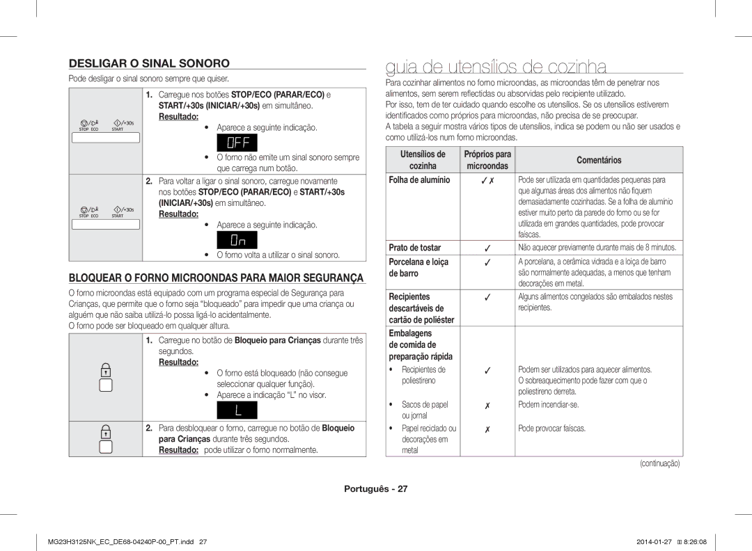 Samsung MG23H3125NK/EC manual Guia de utensílios de cozinha, Desligar O Sinal Sonoro 