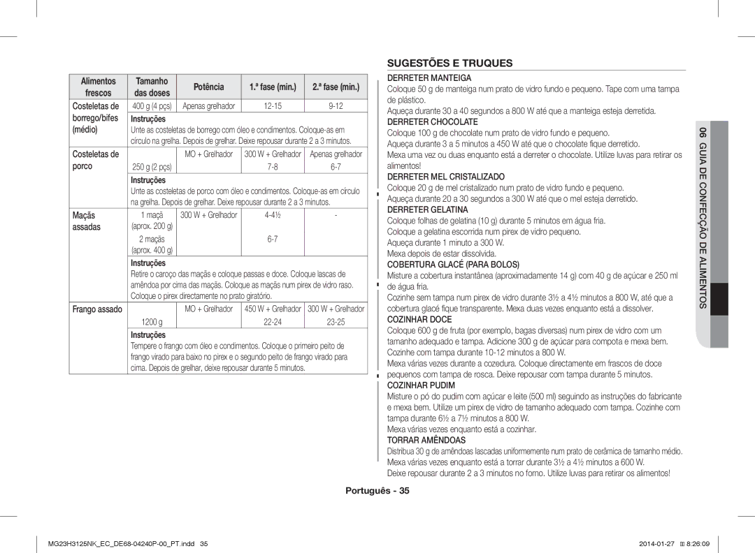 Samsung MG23H3125NK/EC manual Sugestões E Truques, Médio, Maçãs, Mexa várias vezes enquanto está a cozinhar 