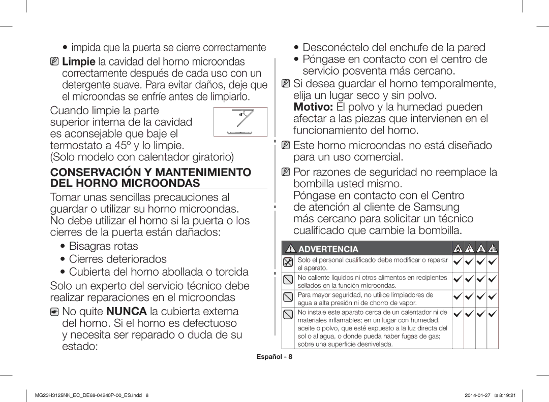 Samsung MG23H3125NK/EC manual Conservación Y Mantenimiento DEL Horno Microondas 