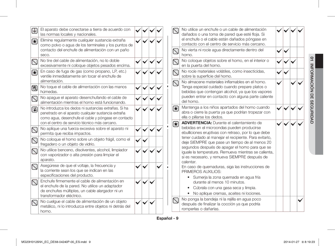 Samsung MG23H3125NK/EC manual Primeros Auxilios 