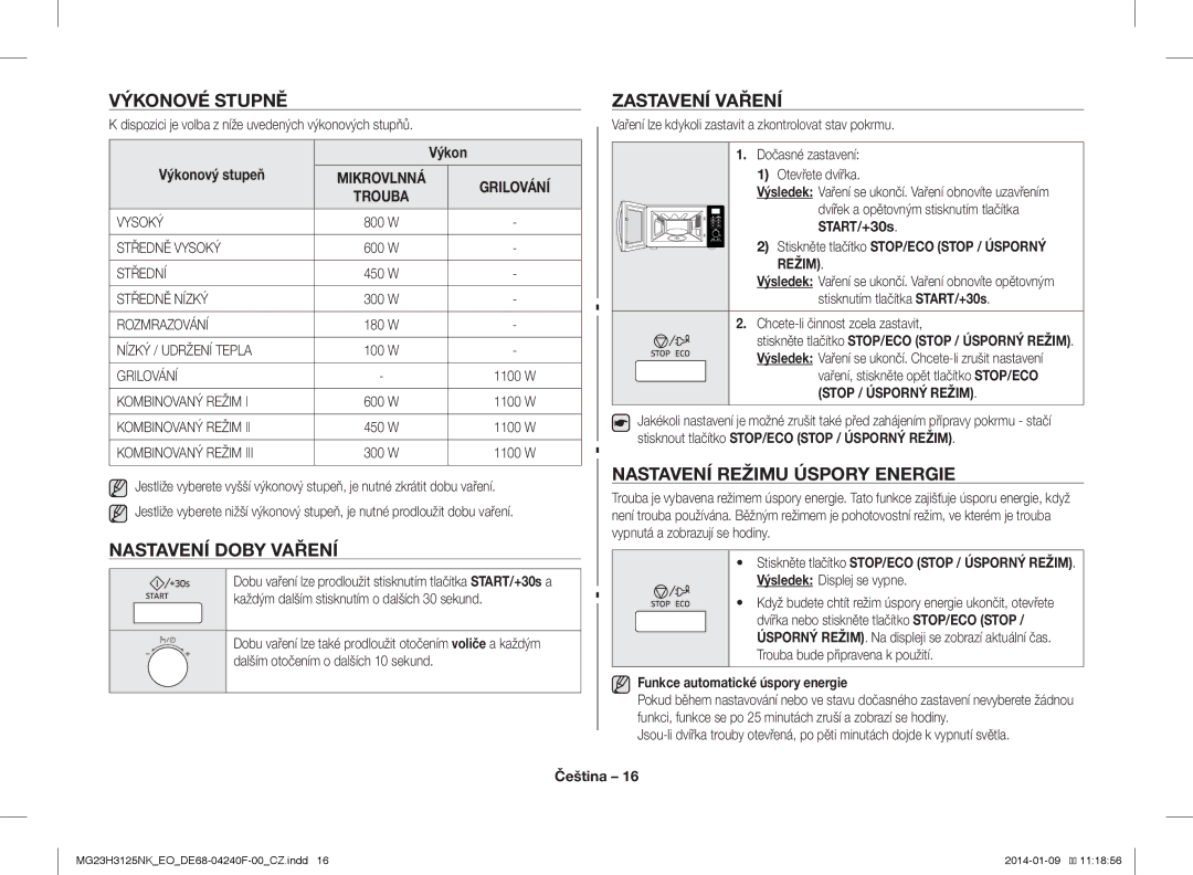 Samsung MG23H3125NK/EO manual Výkonové Stupně Zastavení Vaření, Nastavení Režimu Úspory Energie, Nastavení Doby Vaření 