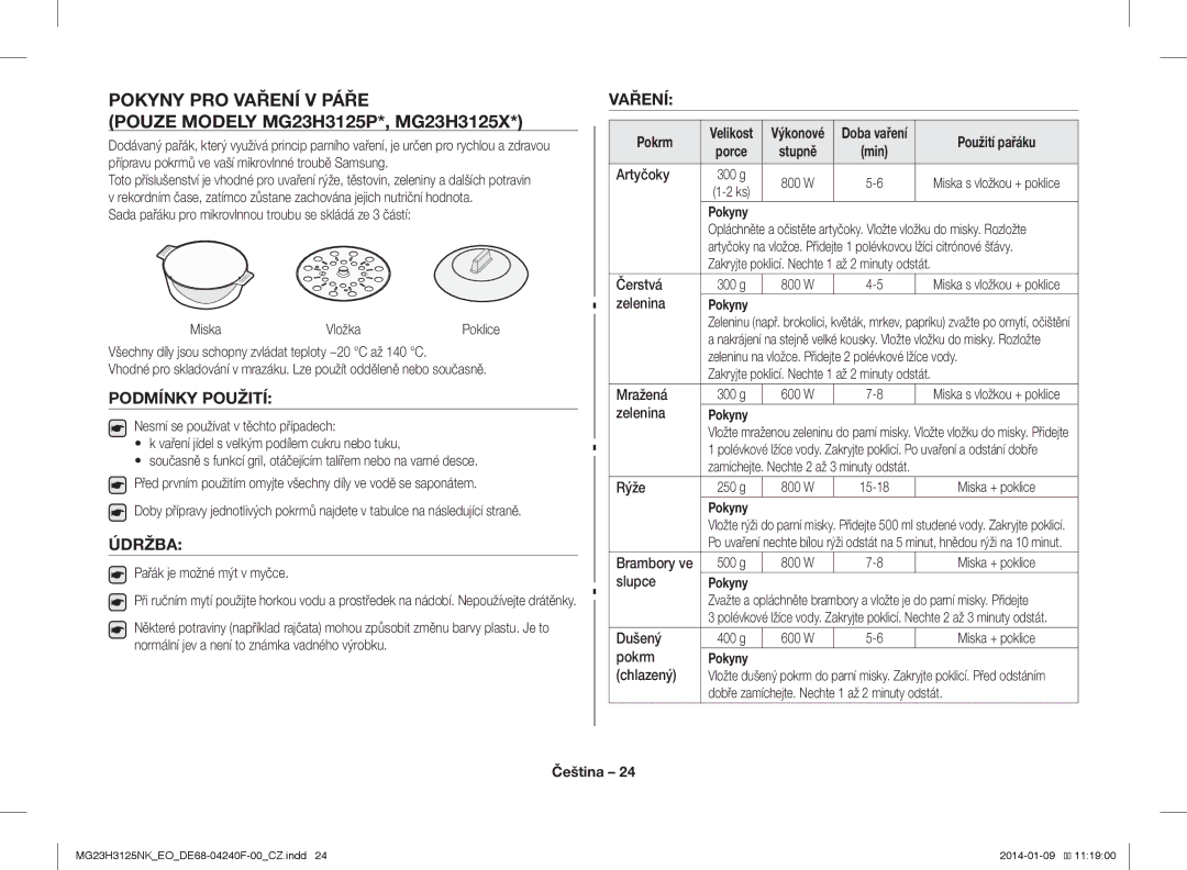 Samsung MG23H3125NK/EO manual Pokyny PRO Vaření V Páře, Podmínky Použití, Pokrm, Použití pařáku 