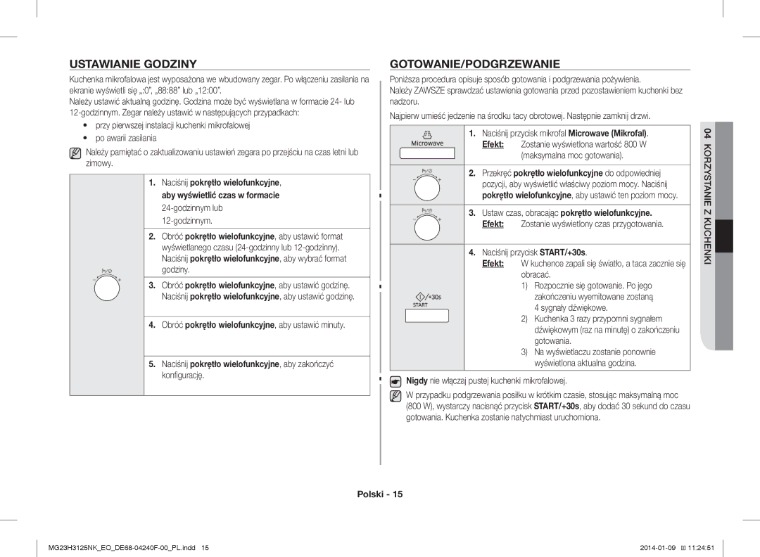 Samsung MG23H3125NK/EO manual Ustawianie Godziny, Gotowanie/Podgrzewanie, Naciśnij pokrętło wielofunkcyjne 