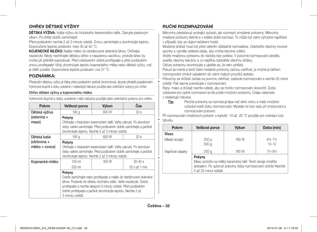 Samsung MG23H3125NK/EO manual Ohřev Dětské Výživy, Ruční Rozmrazování, Výkon Čas 