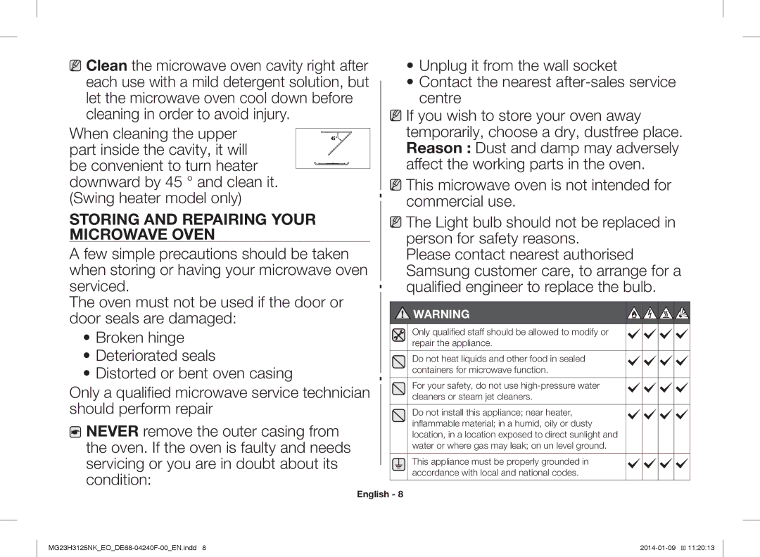 Samsung MG23H3125NK/EO manual Storing and Repairing Your Microwave Oven 