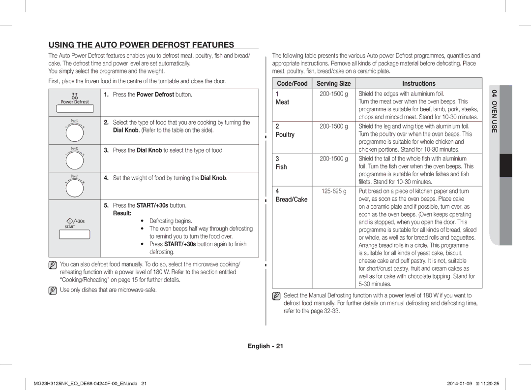 Samsung MG23H3125NK/EO manual Using the Auto Power Defrost Features, Press the Power Defrost button, Code/Food Serving Size 